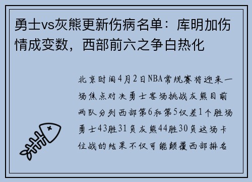 勇士vs灰熊更新伤病名单：库明加伤情成变数，西部前六之争白热化