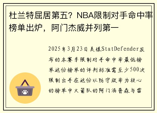 杜兰特屈居第五？NBA限制对手命中率榜单出炉，阿门杰威并列第一