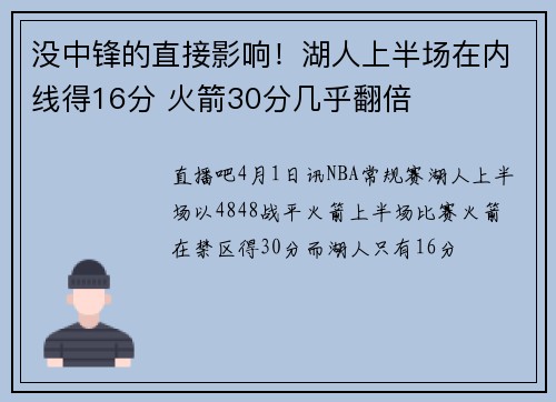没中锋的直接影响！湖人上半场在内线得16分 火箭30分几乎翻倍