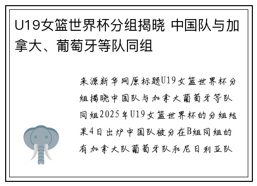 U19女篮世界杯分组揭晓 中国队与加拿大、葡萄牙等队同组