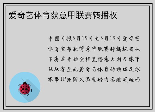 爱奇艺体育获意甲联赛转播权